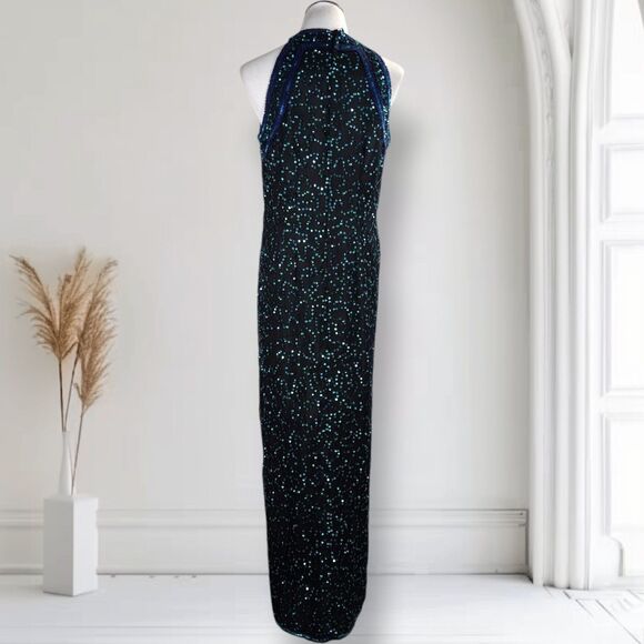 Vintage 90s Sequin Formal Prom Evening Dress Size L Halter Neck Thigh Slit - Picture 6 of 16